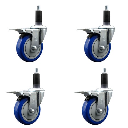 Service Caster 4'' Blue Poly Swivel 1-1/8'' Expanding Stem Caster Set 2 Total Lock Brakes, 4PK SCC-EXTTL20S414-PPUB-BLUE-2-S-2-118